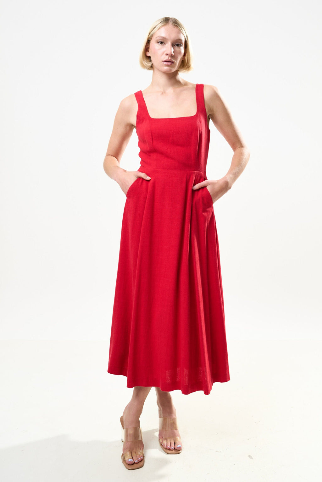 Louche Baya Linen Mix Square Neck Midi Dress