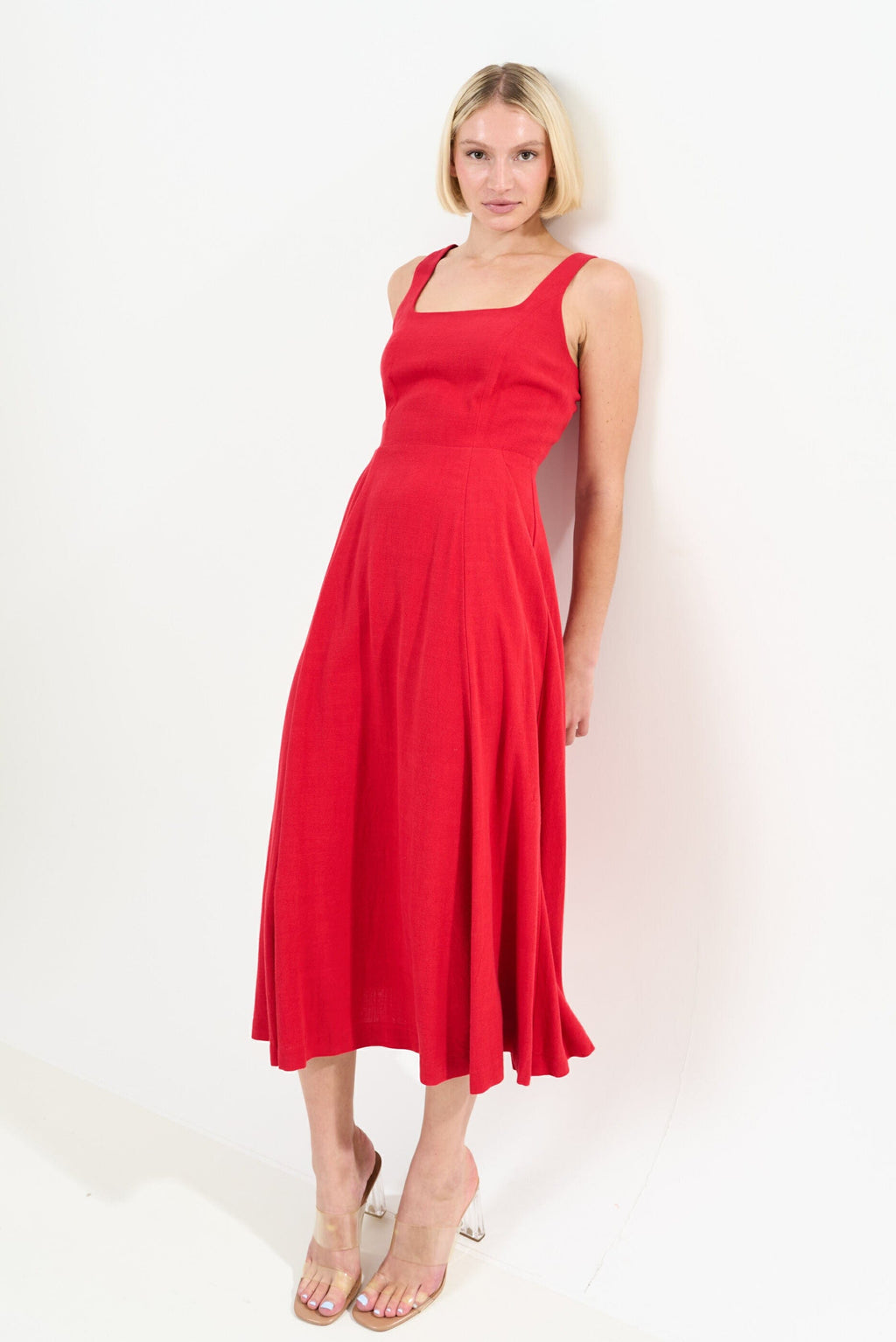 Louche Baya Linen Mix Square Neck Midi Dress