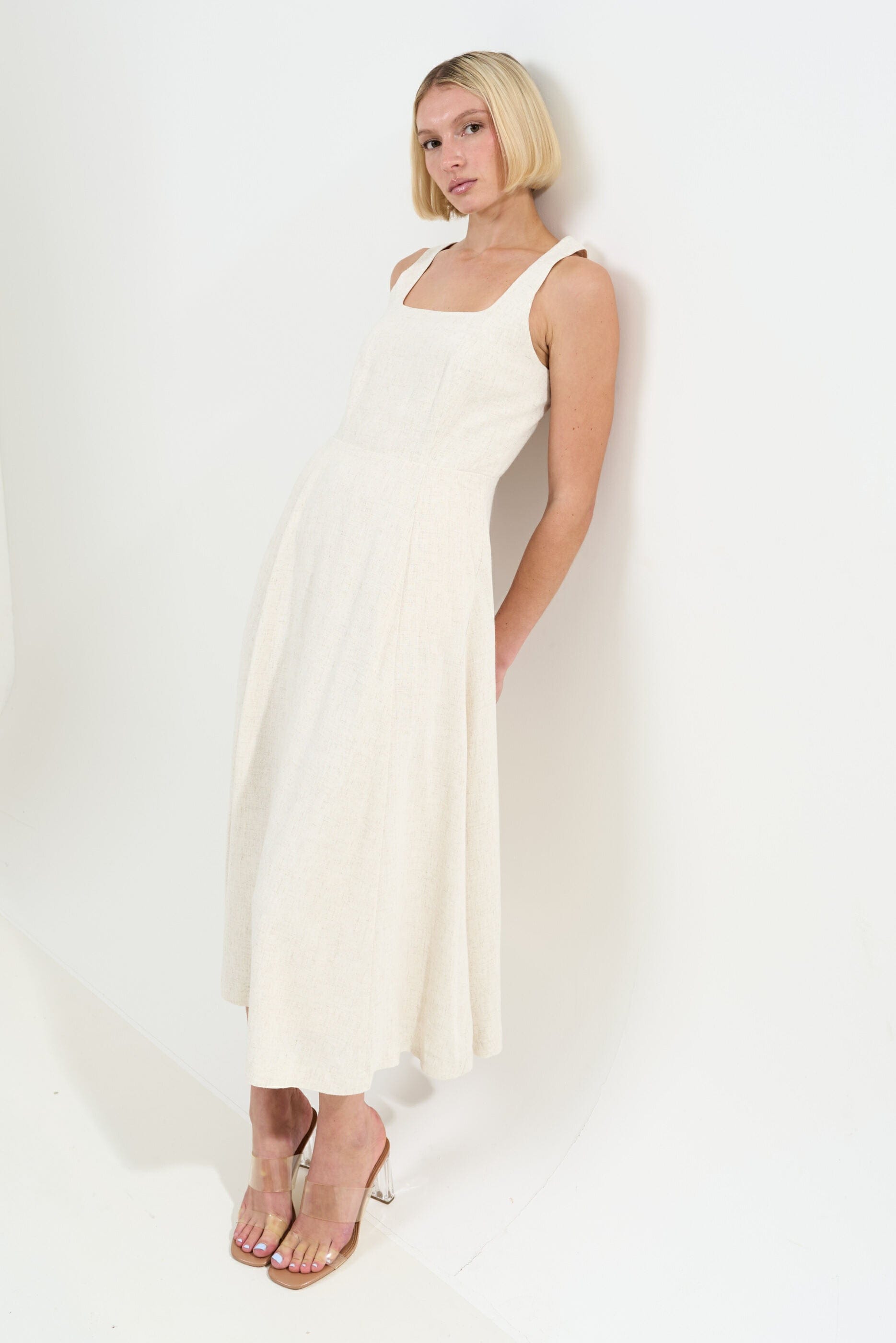 Louche Baya Linen Mix Square Neck Midi Dress
