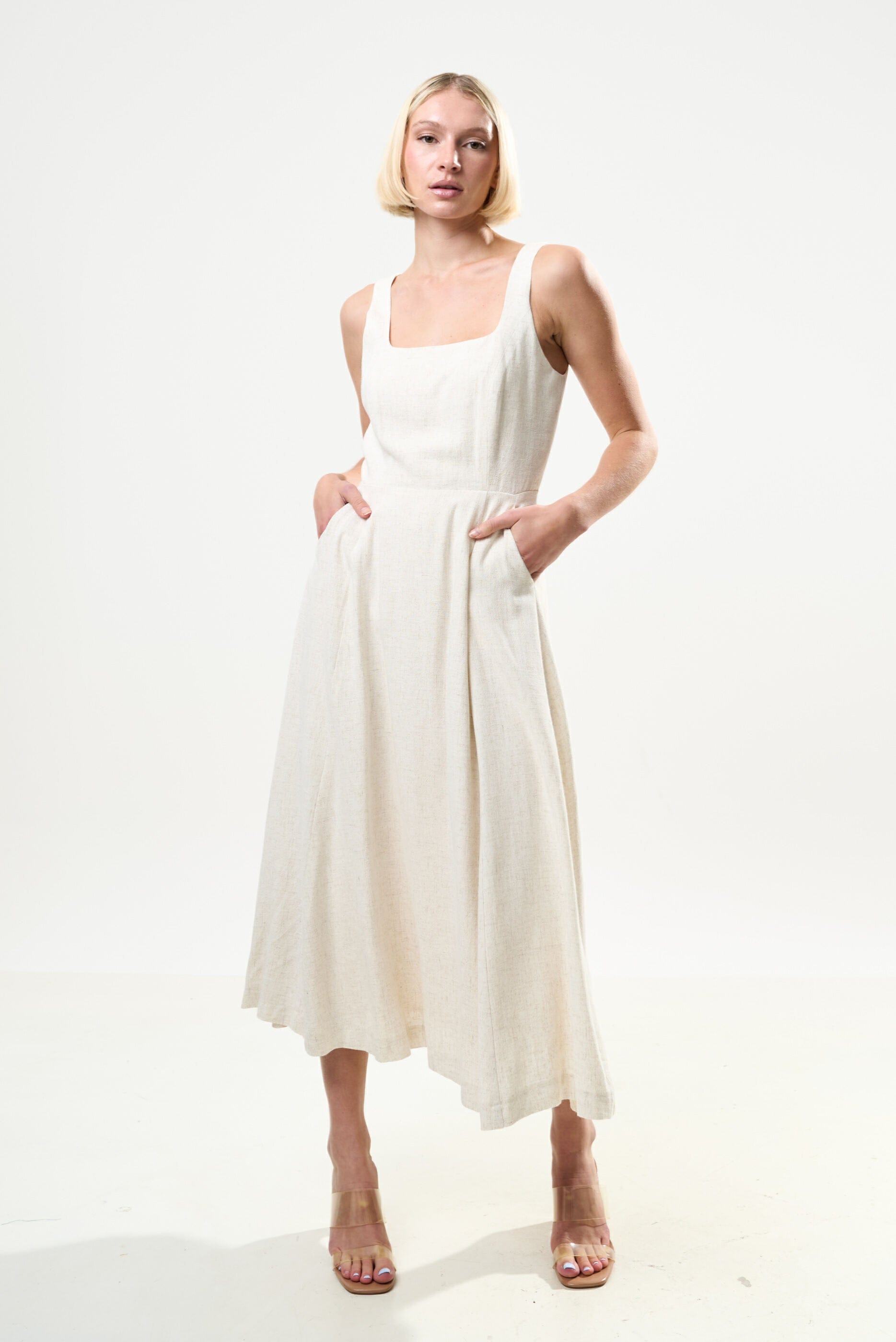 Louche Baya Linen Mix Square Neck Midi Dress