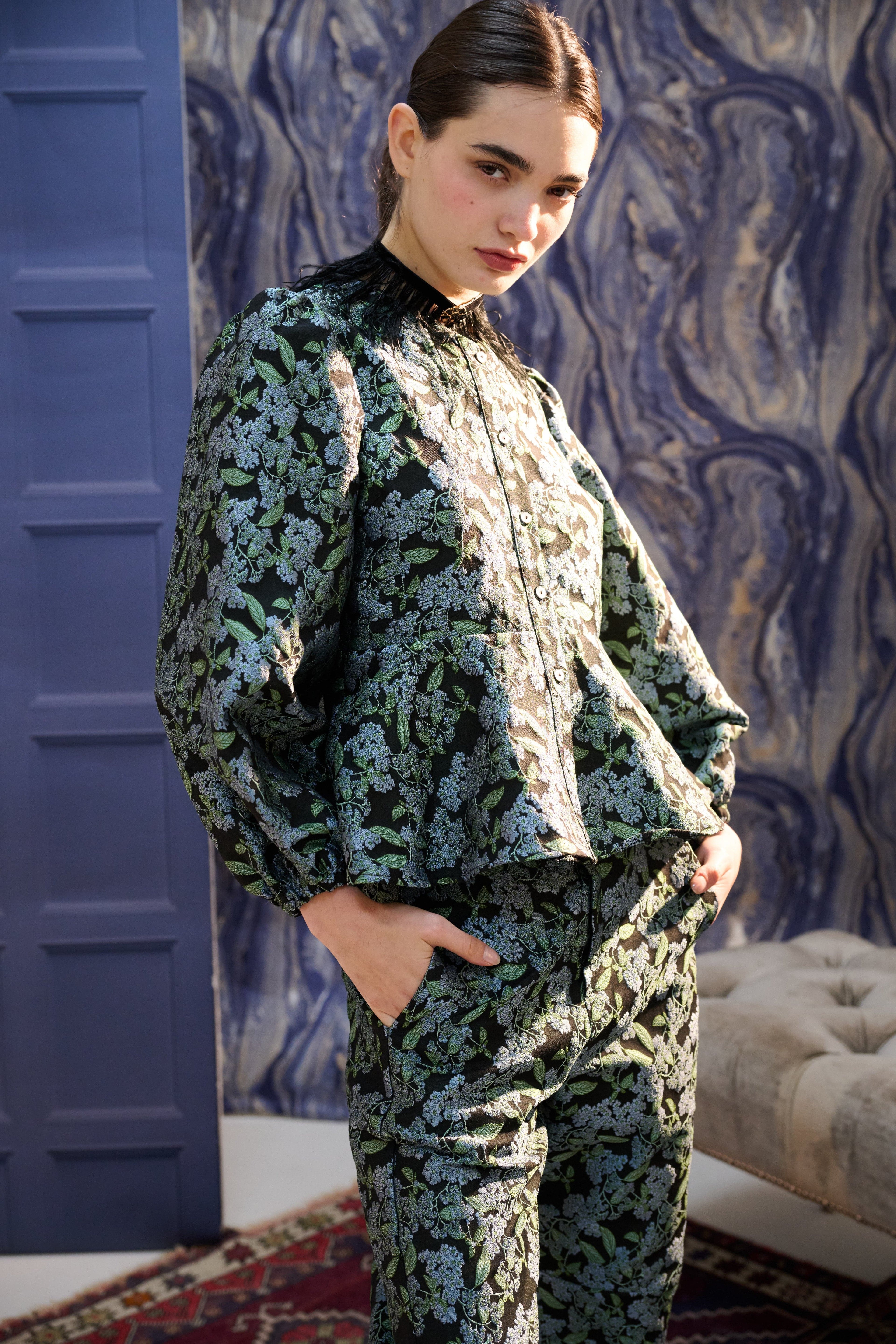 Louche Clementine Blossom Jacquard Peplum Blouse