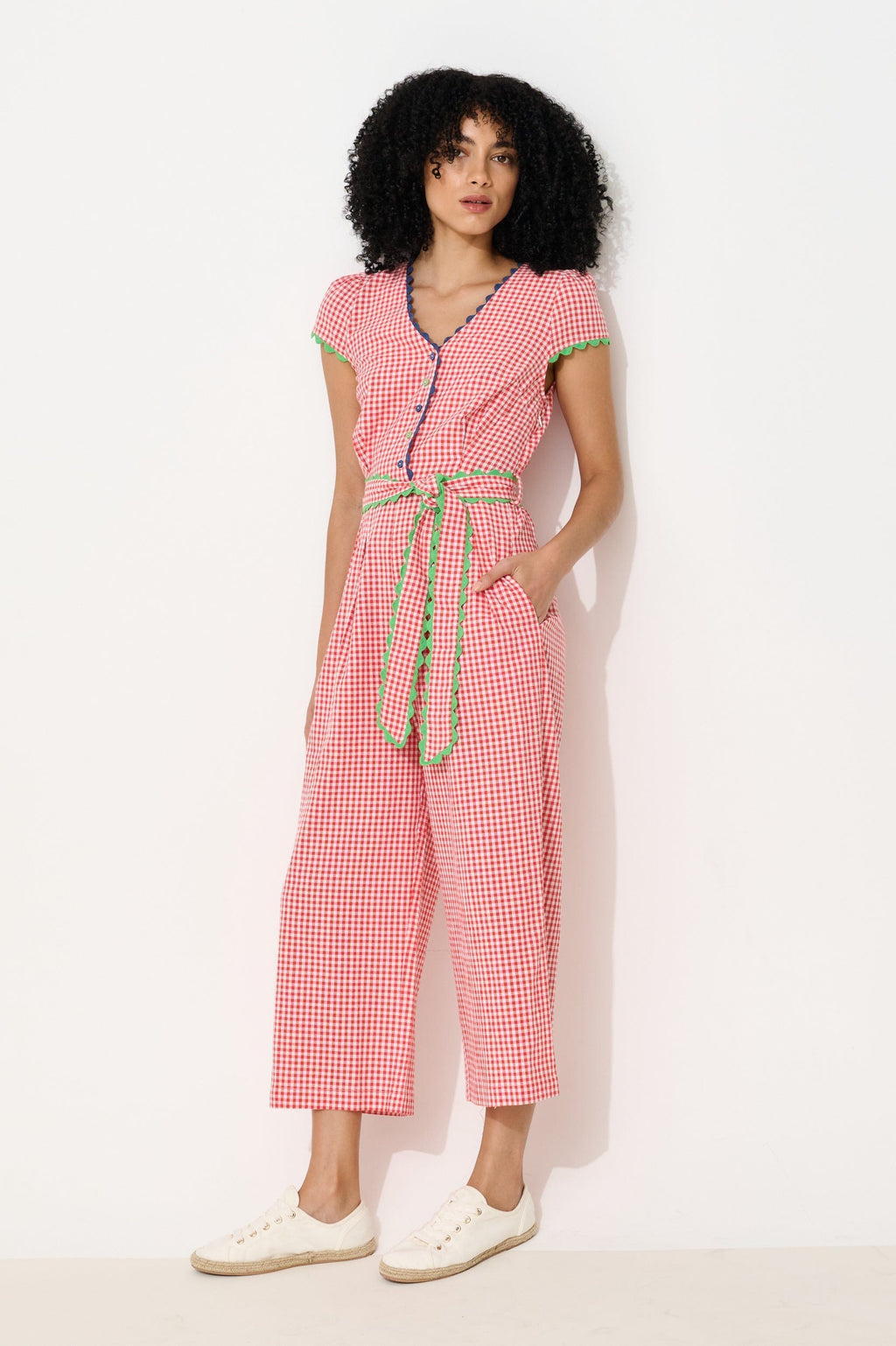 Louche Marleen Gingham Ric Rac Trim Cropped Jumpsuit
