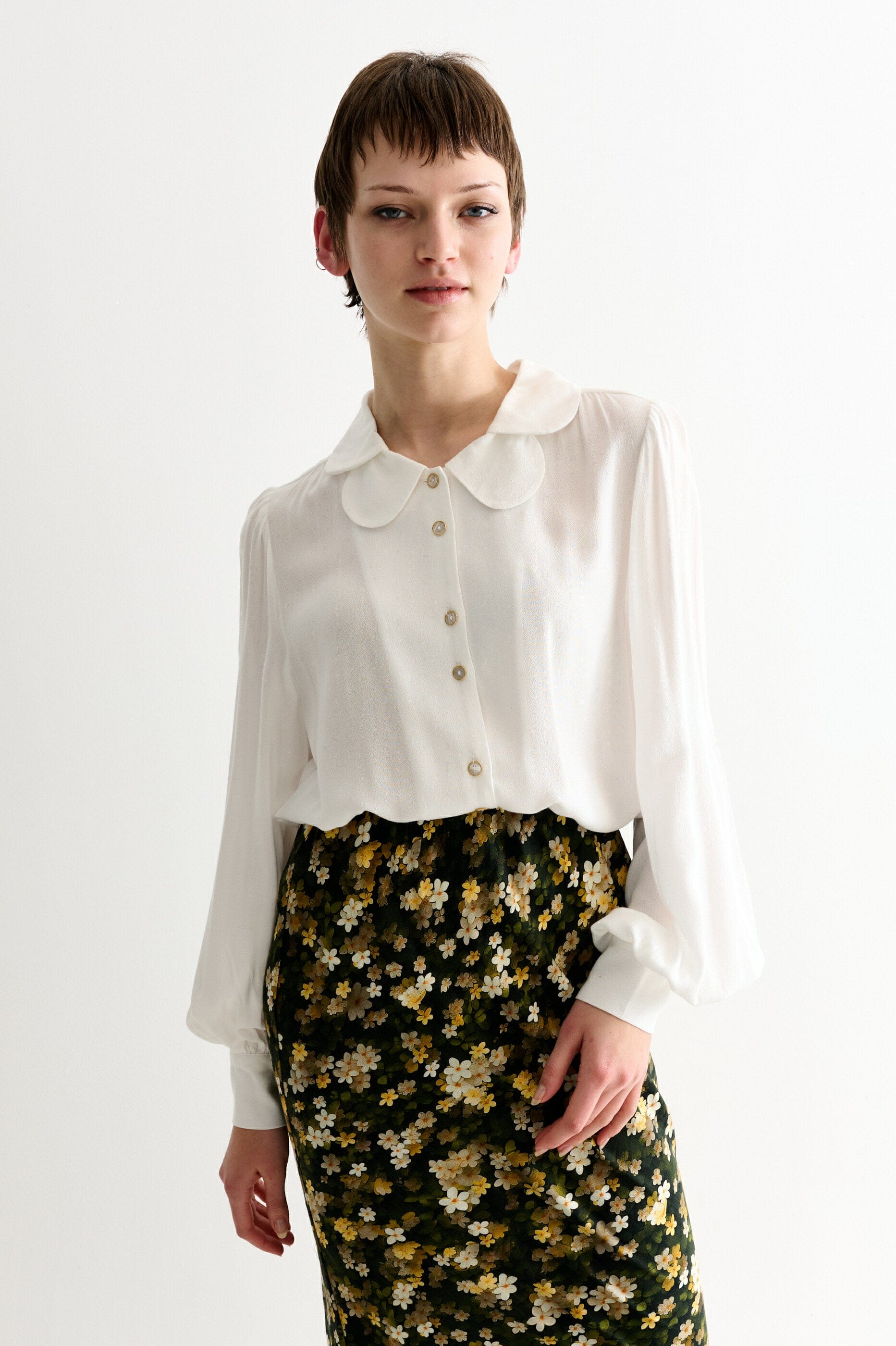 Louche Octavia Moss Crepe Overlap Collar Shirt