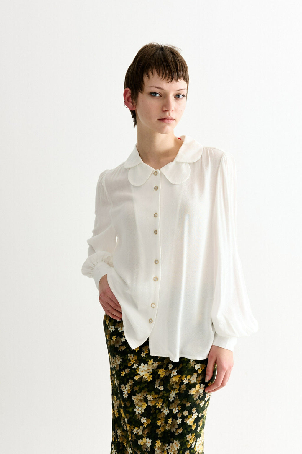 Louche Octavia Moss Crepe Overlap Collar Shirt