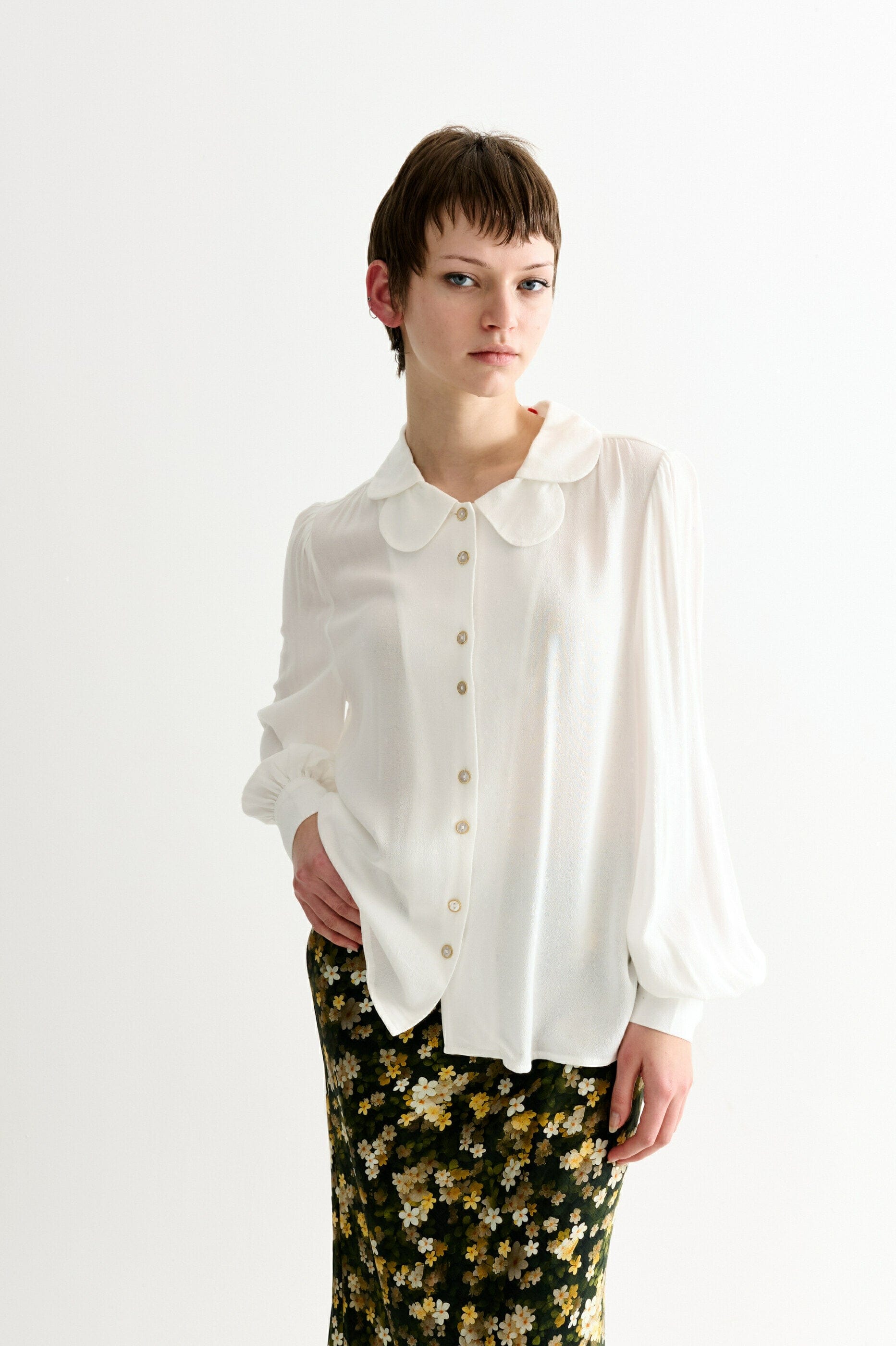 Louche Octavia Moss Crepe Overlap Collar Shirt
